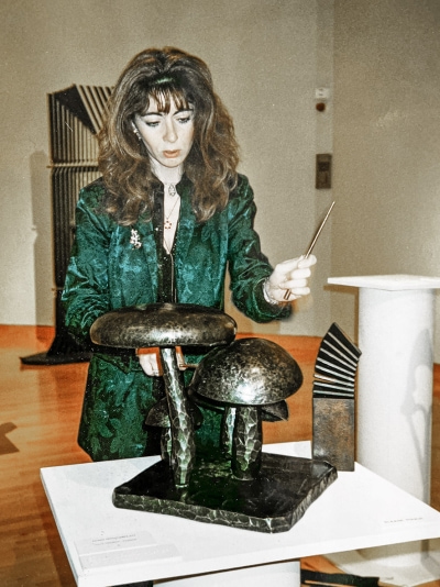 Evelyn Glennie playing some of the exhibits
