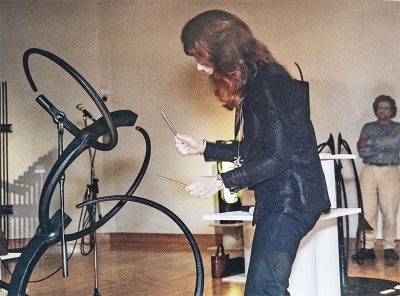 Evelyn Glennie at the Fe exhibition playing some of the exhibits